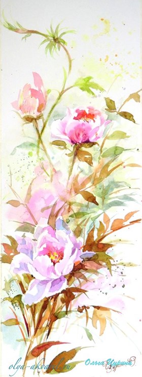 СВЕЖЕСТЬ РАННЕГО УТРА  (нежно-розовый, освещенный утренним солнышком пион)  акварельная живопись