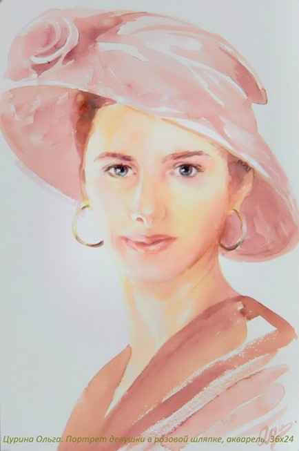 Цурина Ольга. Девушка в розовой шляпке, портрет акварелью, 36х24