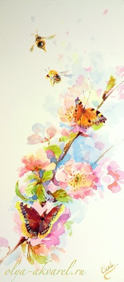 ВЕСНА в картинах художников - цветущий миндаль - ОЛЬГА ЦУРИНА художник  иллюстратор акварель