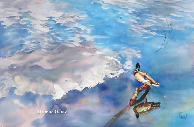 отражение облака утка картина акварель ольга цурина