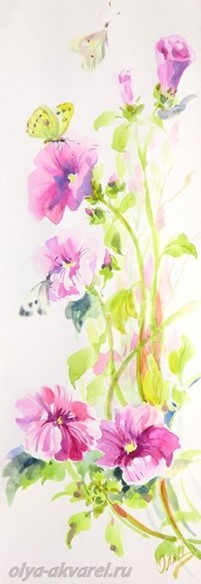 СЛАДКИЙ НЕКТАР    (Цветы лаватеры и бабочки белянки), акварельный рисунок, 42х15  Цурина Ольга