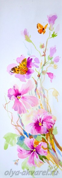 ЗОЛОТЫЕ ЧЕРВОНЦЫ  (Цветы лаватеры и бабочки червонцы), рисунок акварельными красками, 42х15 Цурина Ольга
