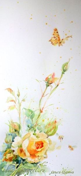  МАГИЯ РОЗЫ (персиковая роза и бабочка углокрыльница) картина акварелью