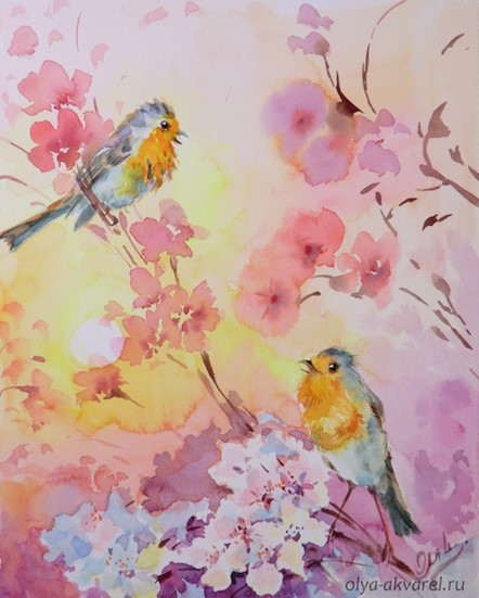  НА ЗАРЕ  (Утро, рассвет, на цветущем миндальном дереве поют зарянки), весна в живописи, картина акварелью, 30х24