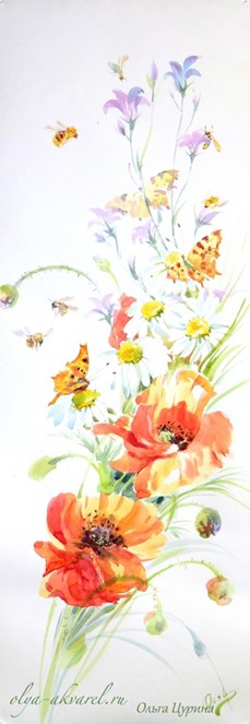 Полевые цветы - маки,  колокольчики, ромашки акварель картина