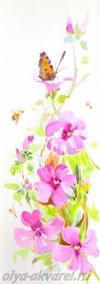 БАБЬЕ ЛЕТО  (Лаватера, бабочка крапивница и шмель), акварельная живопись,  цветы, 42х15 Цурина Ольга