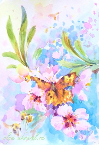  цветы и бабочки в картинах, живопись акварель