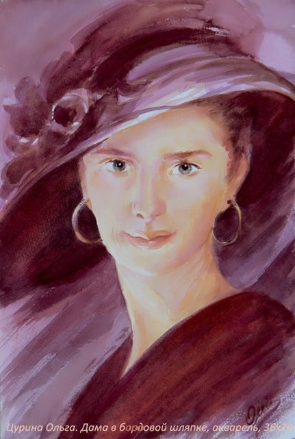 Цурина Ольга. Портрет дамы в бордовой шляпке, живопись, акварель, 36х24