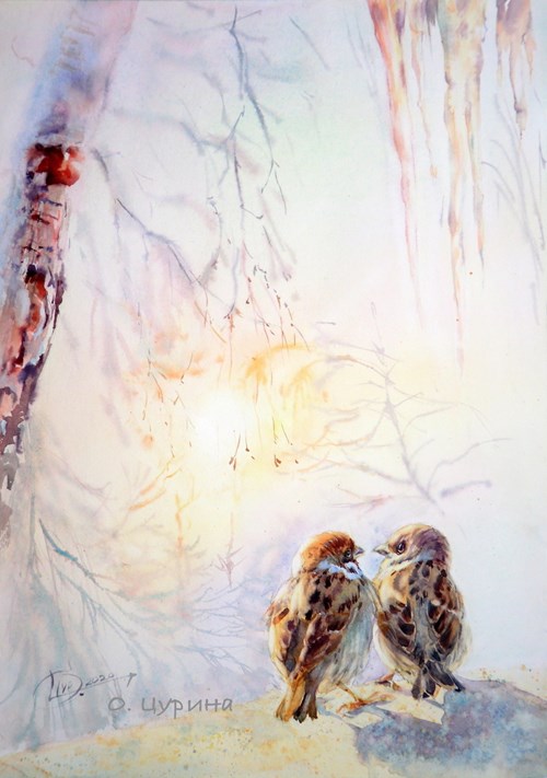 Весна акварель картины цурина ольга воробушки березы солнце мороз