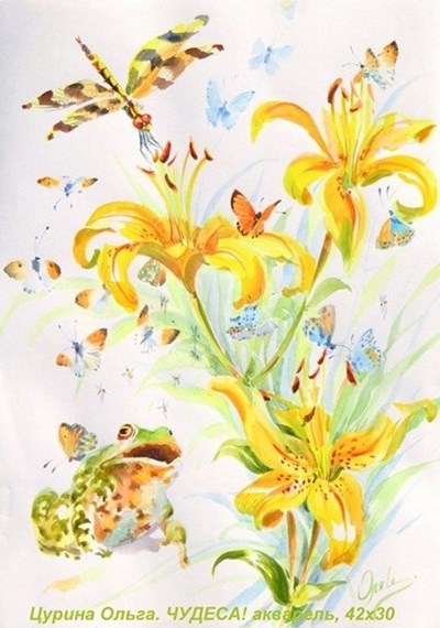 Лягушка, лилии и стрекоза, картина, акварель купить у художника