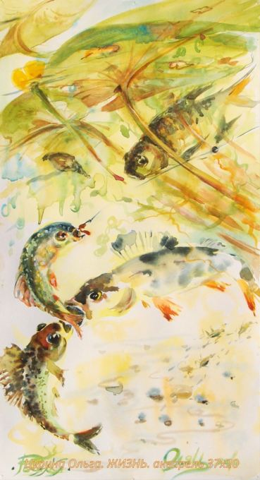 Цурина Олльга. Жизнь...  (окунь, ерш, лещ и плотва под водой),  подводный мир, картина акварелью, 37х20  fish, watercolor paintings