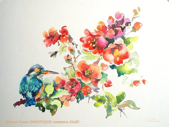 Картина акварель весна цветы Зимородок и айва  Цурина Ольга 