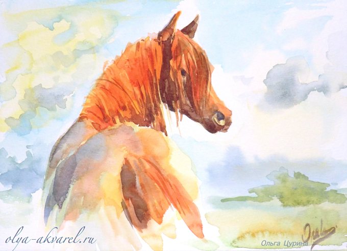 Лошадка с рыжей гривой в поле, акварельный рисунок картина