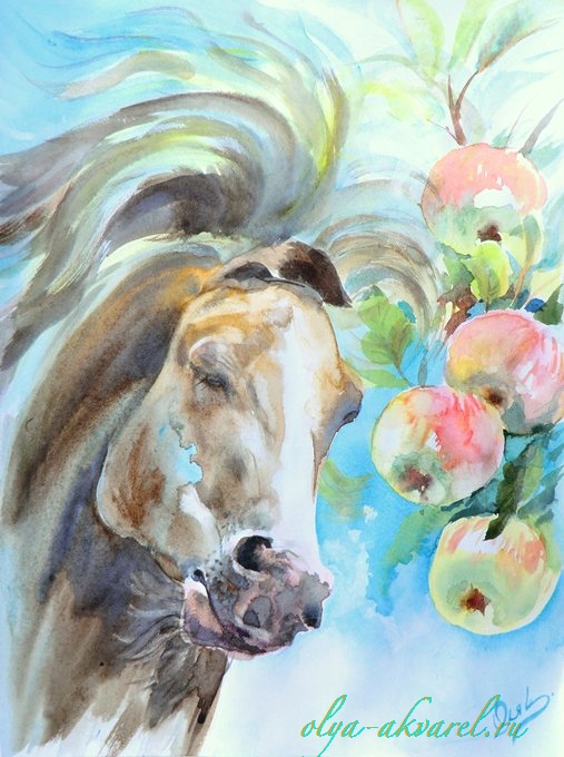 Цурина Ольга. ЛАКОМКА (Хороши яблочки в нашем саду!), картина акварелью, 40х30