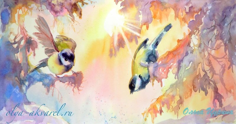 ВЕСЕЛОЕ МОРОЗНОЕ УТРО  (Синички играют под утренними лучами зимнего солнышка), акварельная живопись